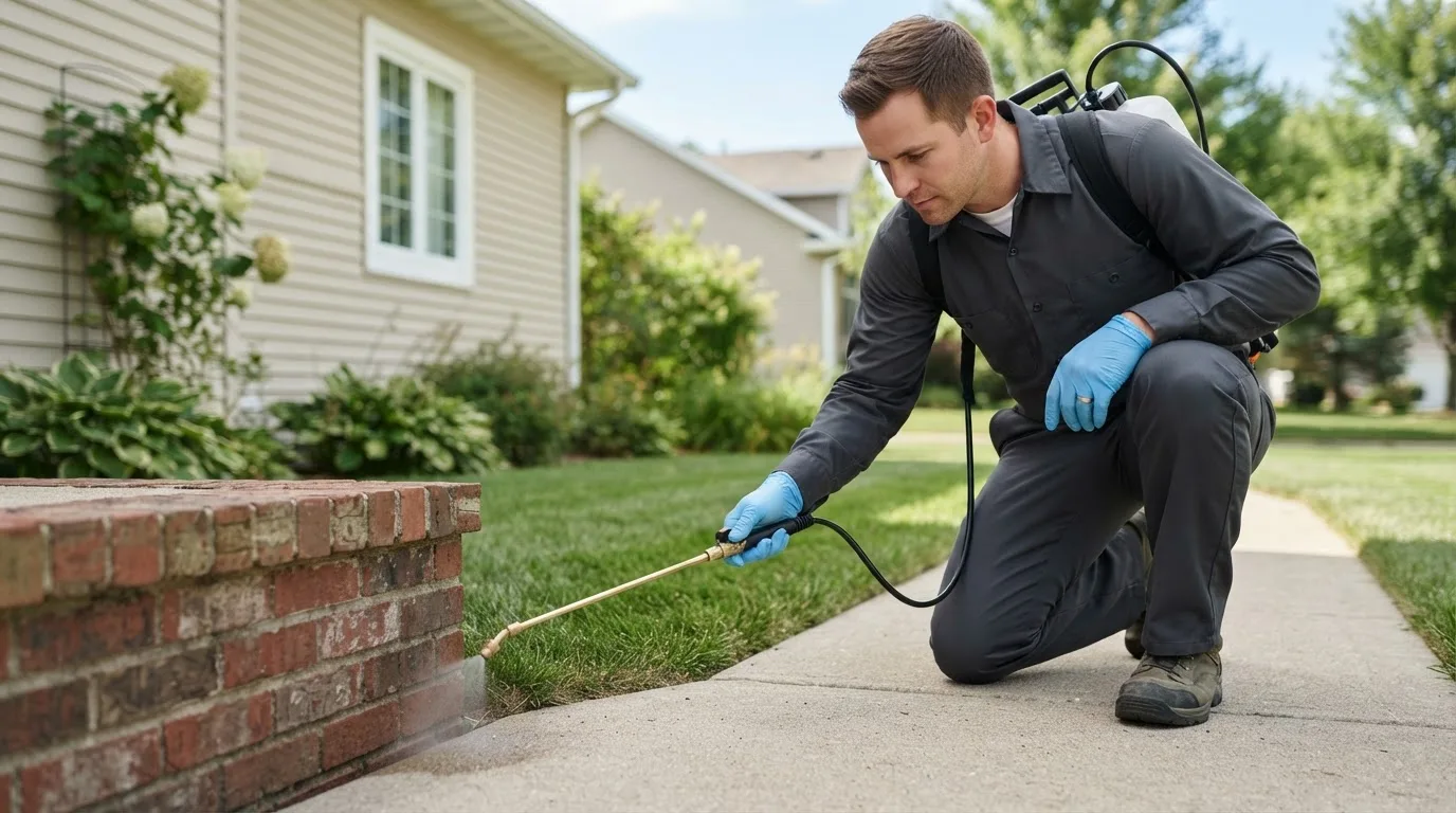 Pest control technician treating a home near Wickliffe, OH