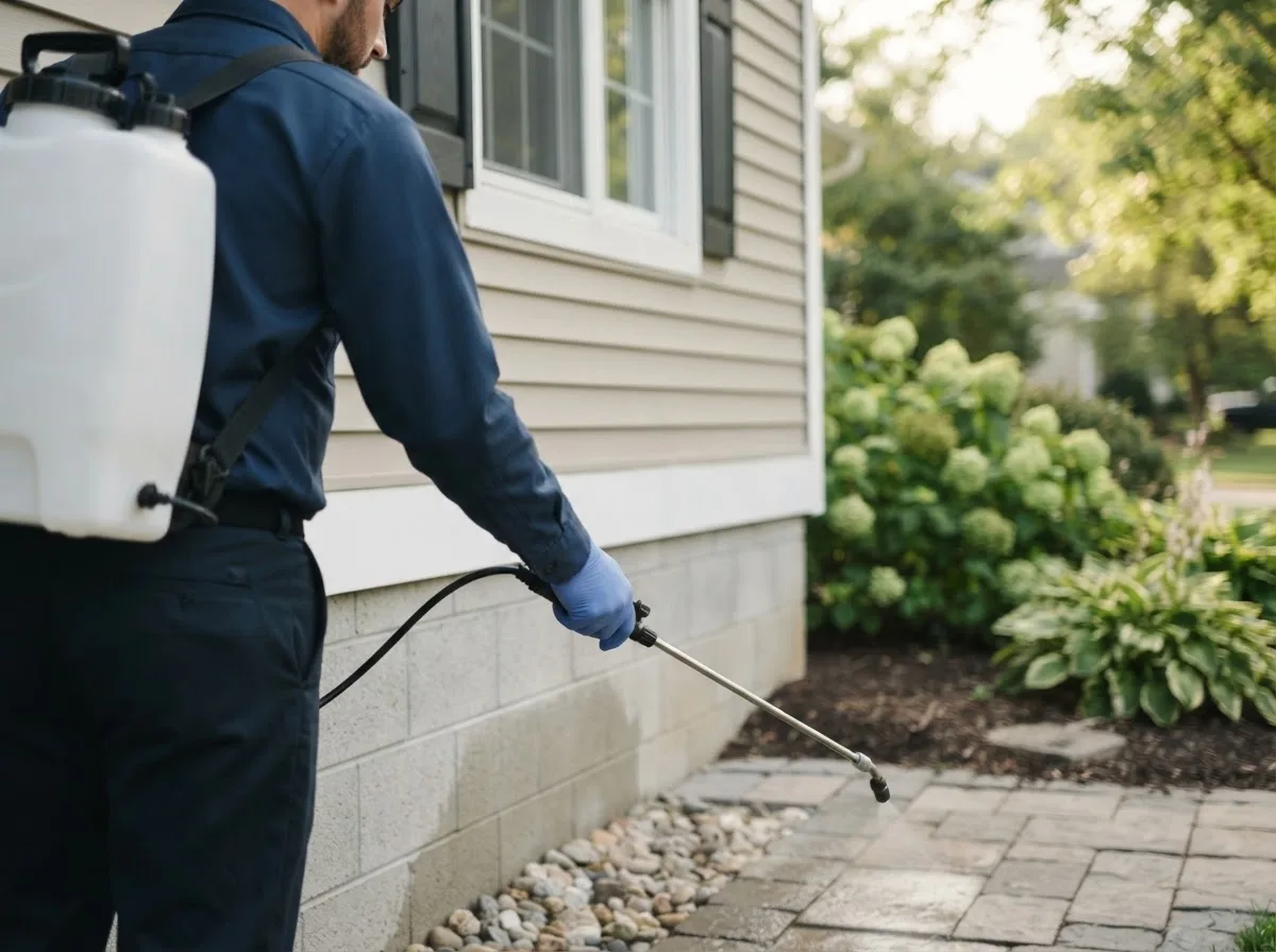 Pest control technician inspecting a home in Wickliffe, OH
